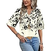 LOMON Womens Tops Ruffle Short Sleeve Blouses Fashion V Neck T Shirts Dressy Casual 3/4 Bell Sleeve Tee Spring Summer Clothes