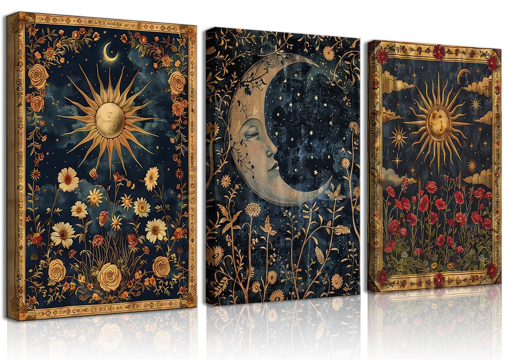 Photo 1 of 3pcs Sun and Moon Celestial Canvas Wall Art Tarot Crescent Moon Picture Wall Decor Gothic Wildflowers Painting Posters Print Artwork Aesthetic Dark Academia Vibe for Bedroom Home Decor(16x24in canvas)
