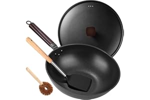 Teewe Carbon Steel Wok Pan - 13" Wok Pan with Lid, Woks & Stir-Fry Pans Nonstick with Spatula & Brush, Chinese Wok Flat Botto