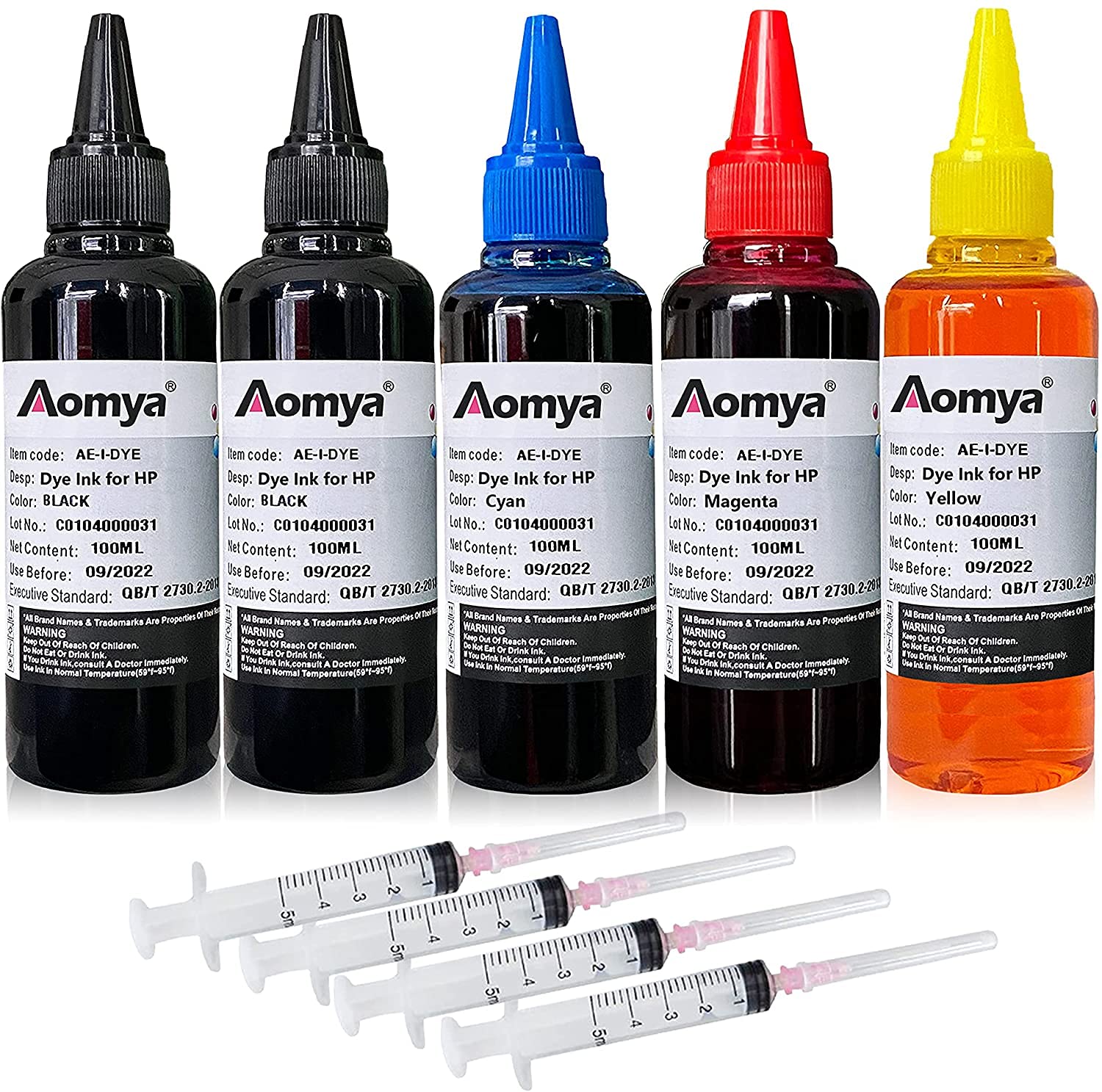 Aomya 5x100ml Ink Refill Kit for HP 61 60 62 63 950 951 564 920 901 Inkjet Printer Cartridges Refillable Cartridge CIS CISS System (2 Black, 1 Cyan, 1 Magenta, 1 Yellow)