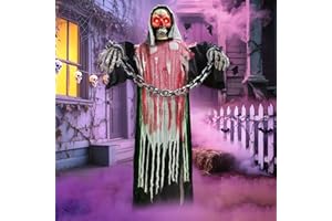 VERSACHARM Halloween Decorations Outdoor, 6 Ft Large Animated Grim Reaper with Big Chain,Sound & Touch Activated with Creepy Sound - Scary Props House Decor for Garden Yard Lawn Indoor Decoration Animatronics