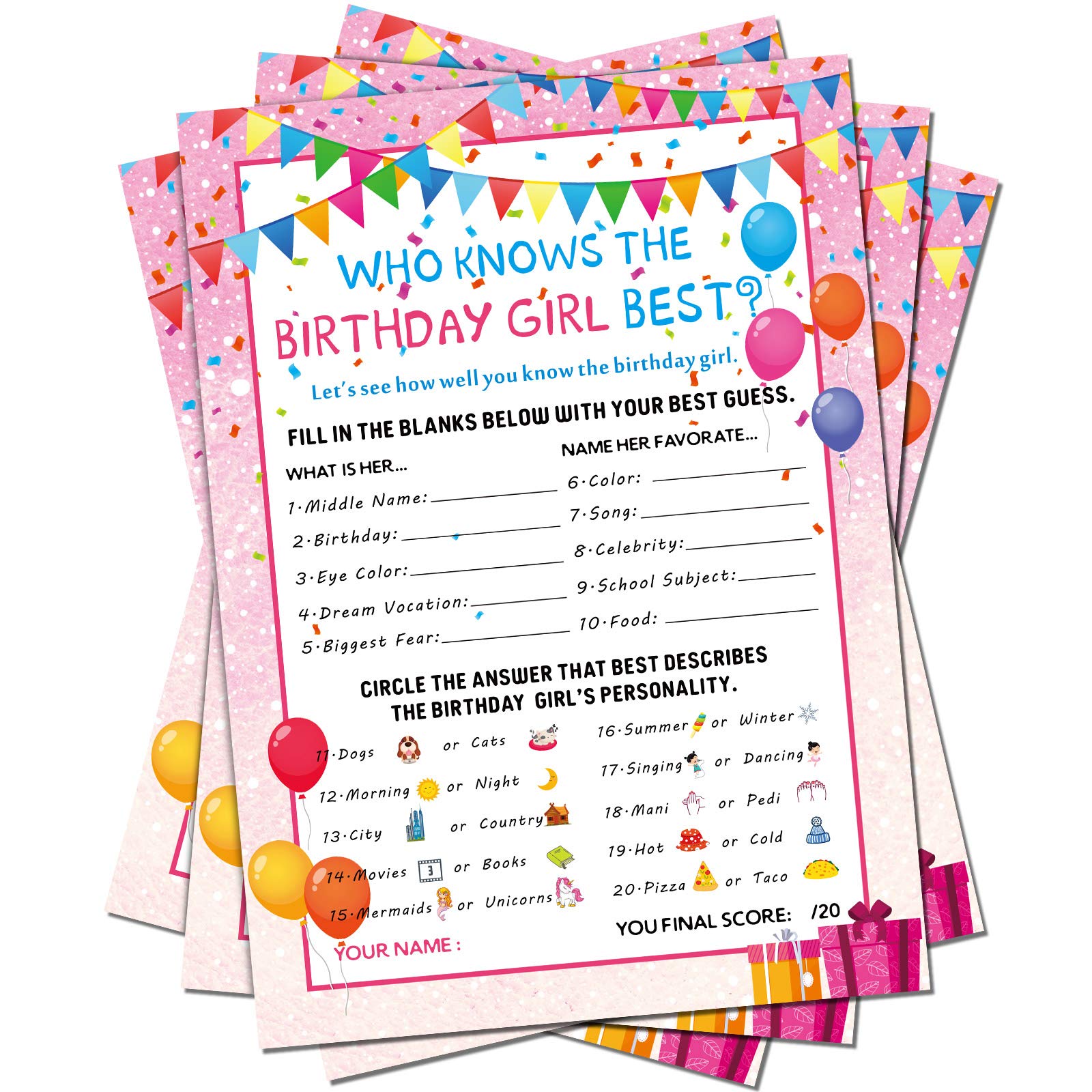SKYLETY 50 Pieces Who Knows The Birthday Girl Best Game Cards Girl Birthday Party Activity Notebook Themed Party Decorations Kids Birthday Party Games
