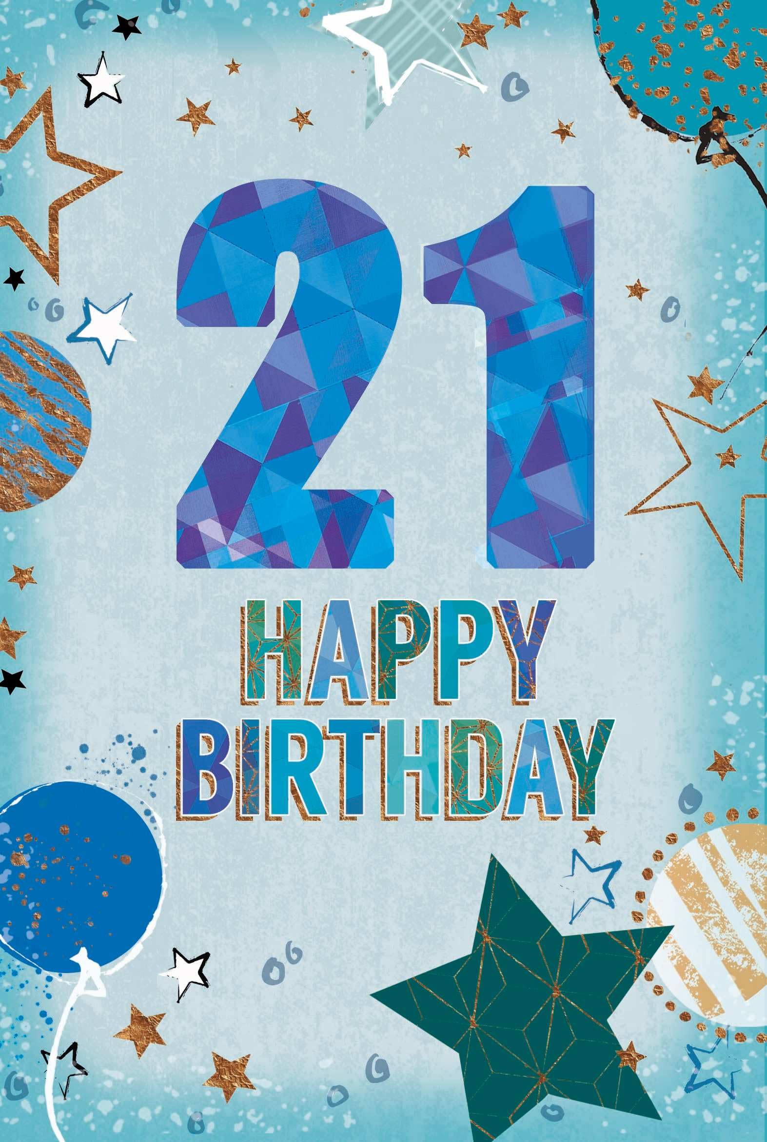 Age 21 Male Birthday Card - Green with Blue Numbers Stars & Gold Foil 7.75x5.25"