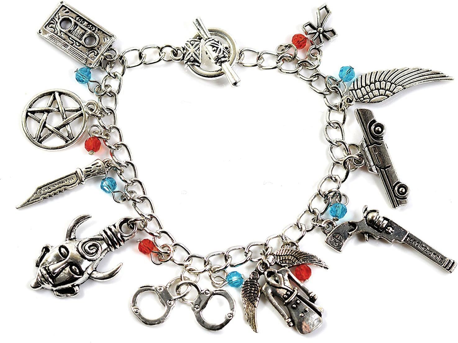 BEAUX BIJOUXSupernatural Charm Bracelet - Sam and Dean Winchester Inspired Silver Tone Bracelet in Gift Box