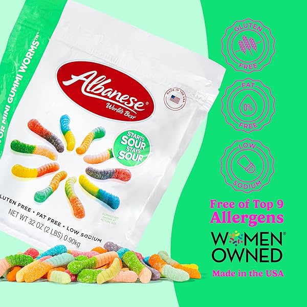 ALBANESE WORLD’S BEST SOUR 12 FLAVOR MINI GUMMI WORMS | 32OZ BAG OF CANDY | 12 UNIQUE SUPER SOUR FLAVORS, GLUTEN FREE, FAT FREE, SOFT AND CHEWY GUMMY WORMS | PERFECT TRAVEL SNACK AND TREAT FOR KIDS