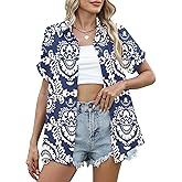 LUYAA Women's Hawaiian Shirt Short Sleeve Floral Button Down Shirts Beach Vacation Tropical Tops