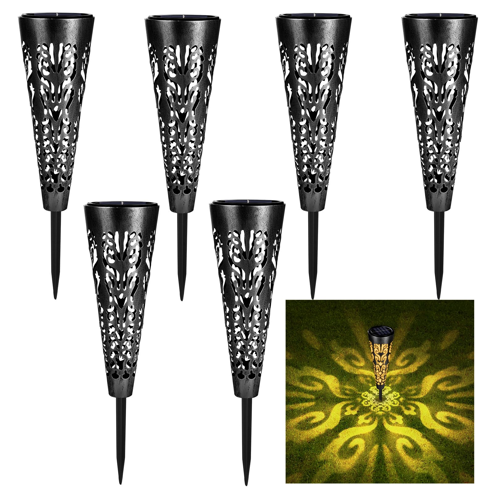 Photo 1 of pearlstar Solar Lights Outdoor Garden Decorative Pathway Lights Waterproof Unique LED Solar Stake Lights for Patio Yard Walkway Driveway Landscape Decor, Conical, Warm Lights, Black-6pack