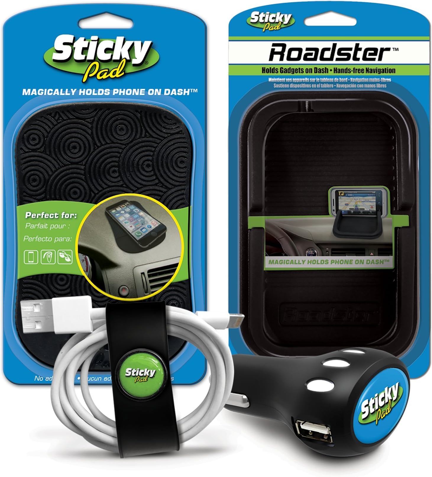 Sticky Pad Gift Set- Includes Classic Sticky Pad, Sticky Pad Roadster, Dual Port Car Charger, and Snap-in Cord Organizer