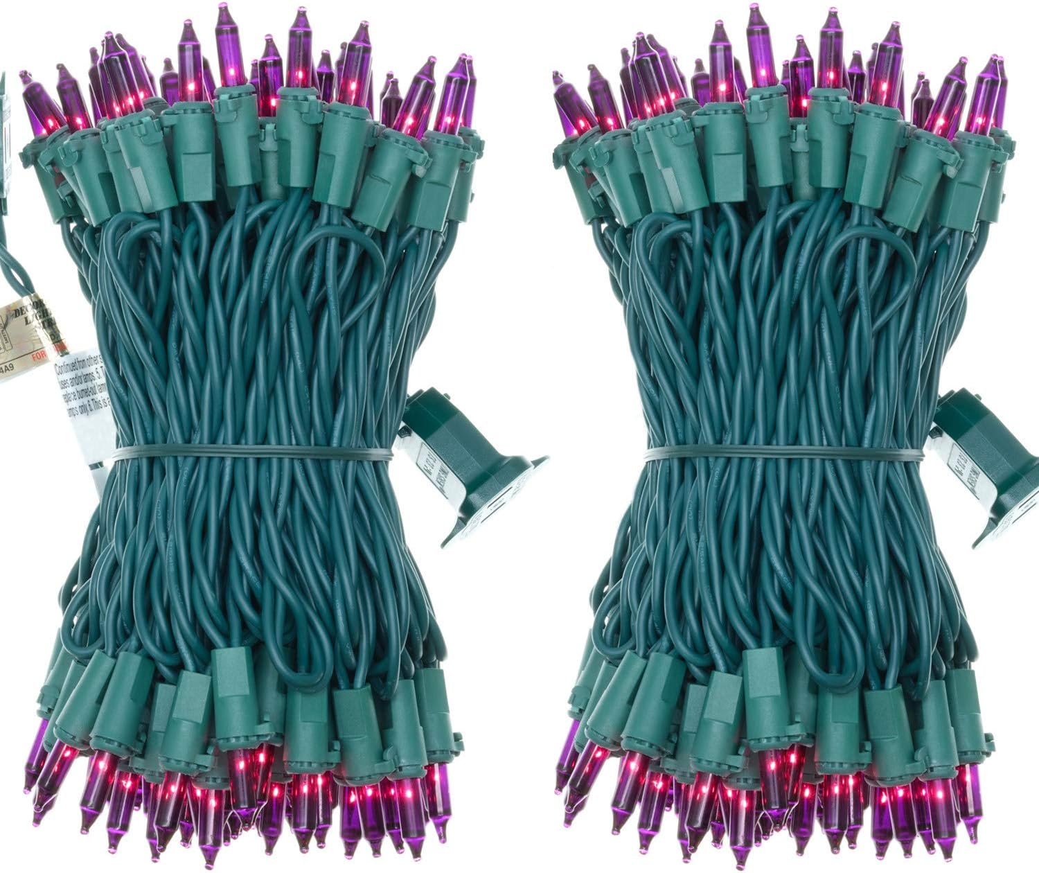 UL Certified 66 Feet 200 Count Purple Christmas Lights, Pack of 2 Sets 33 Ft 100 Count Commercial Grade Lights Set, Connectable String Light for Halloween Holiday (Purple - Green Wire)