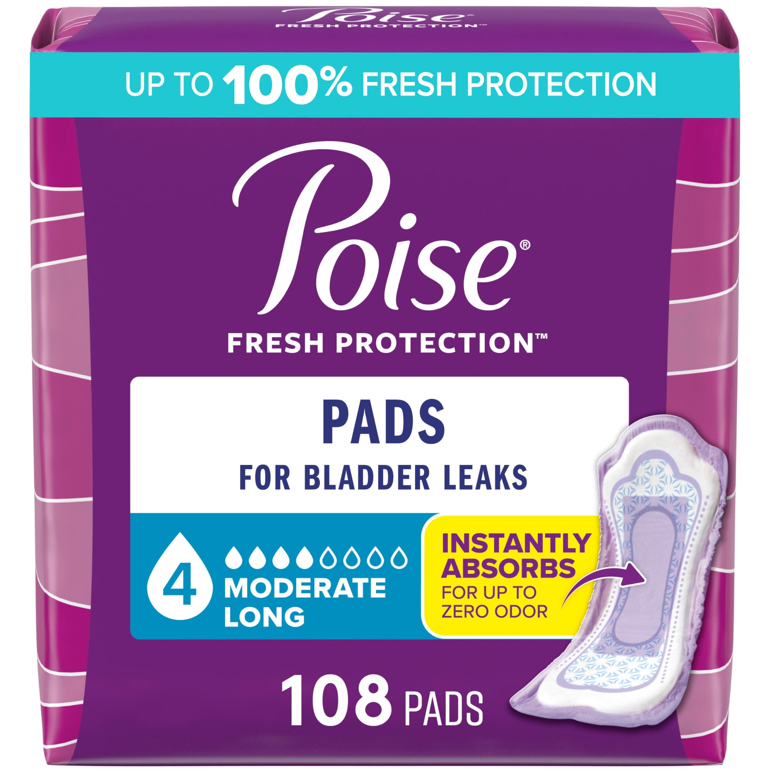 Photo 1 of Poise Incontinence & Postpartum Pads for Bladder Leaks, 4 Drop Moderate Absorbency, Long Length, 108 Count, Packaging May Vary