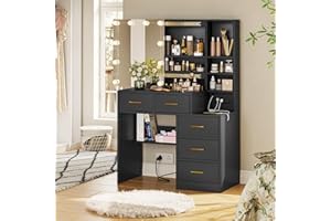 BTHFST Vanity Desk with Sliding Mirror and Lights, Makeup Vanity with Lights, Charging Station and Nightstand, Makeup Table with 5 Drawers and Storage Shelves, Black