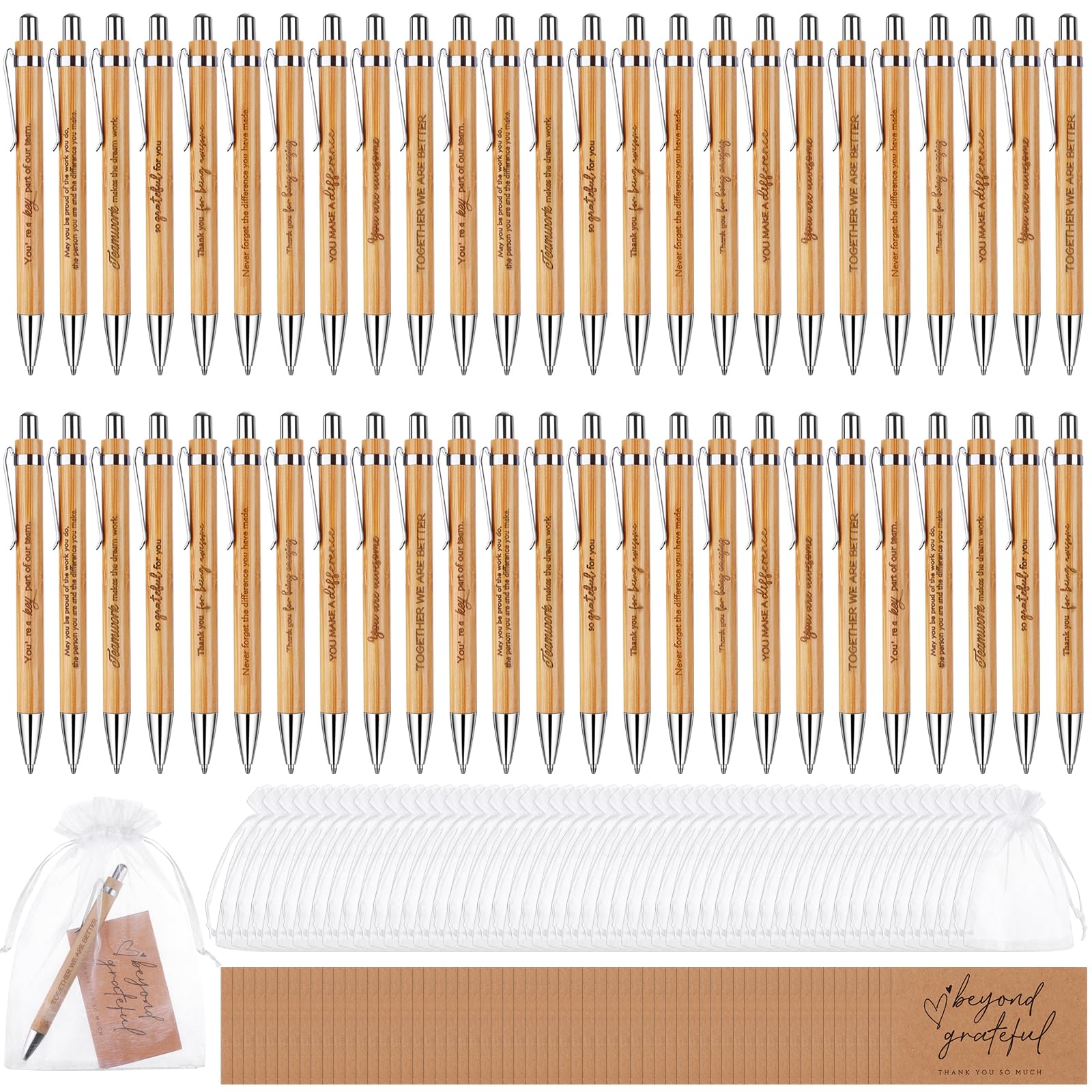 160 Pcs Thank You Gifts for Colleagues Employee Appreciation Gifts Inspirational Bamboo Ballpoint Pens Motivational Quotes Pens Thank You Cards Organza Bags Encouraging Pen for Teacher Coworker Staff