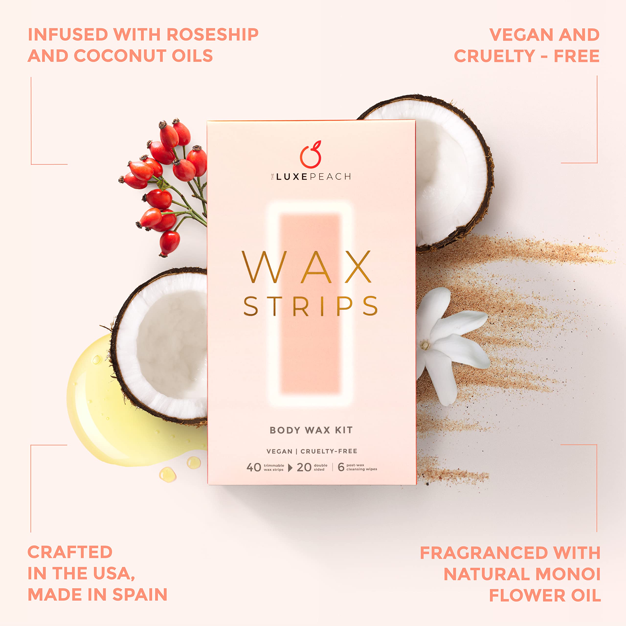 Hair Removal Wax Strips, 40 count - Vegan Wax Strips for Body & Face with Coconut & Rosehip Oils - Bikini Wax Strips - Long Lasting Results for Men, Women, and Teens