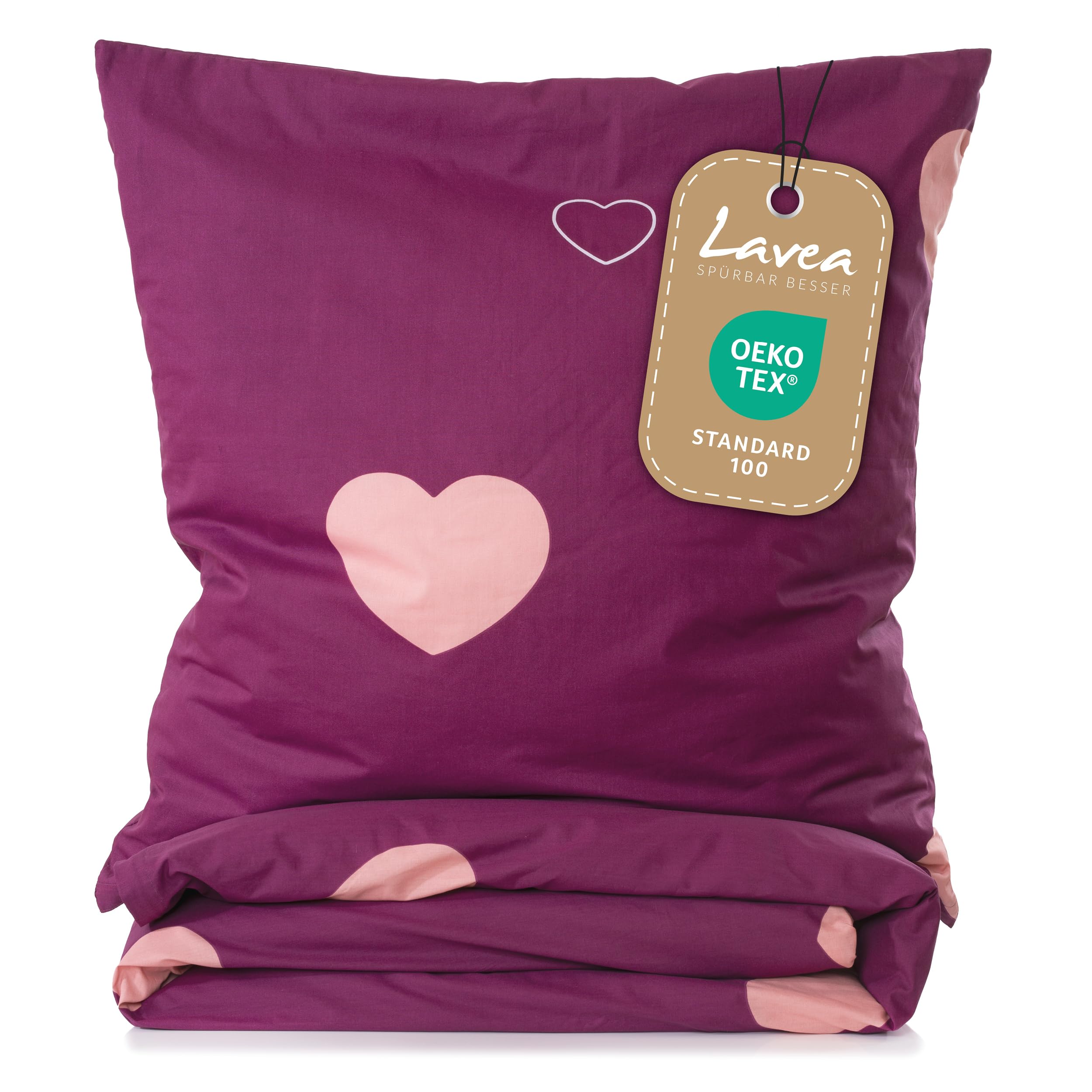 Lavea Milena Children's Bed Linen Set 100 x 135 cm + 40 x 60 cm. Hearts Design: Colour: Bordeaux Pink, 100% Cotton. High Quality with Zip. GOTS / Organic Certified.