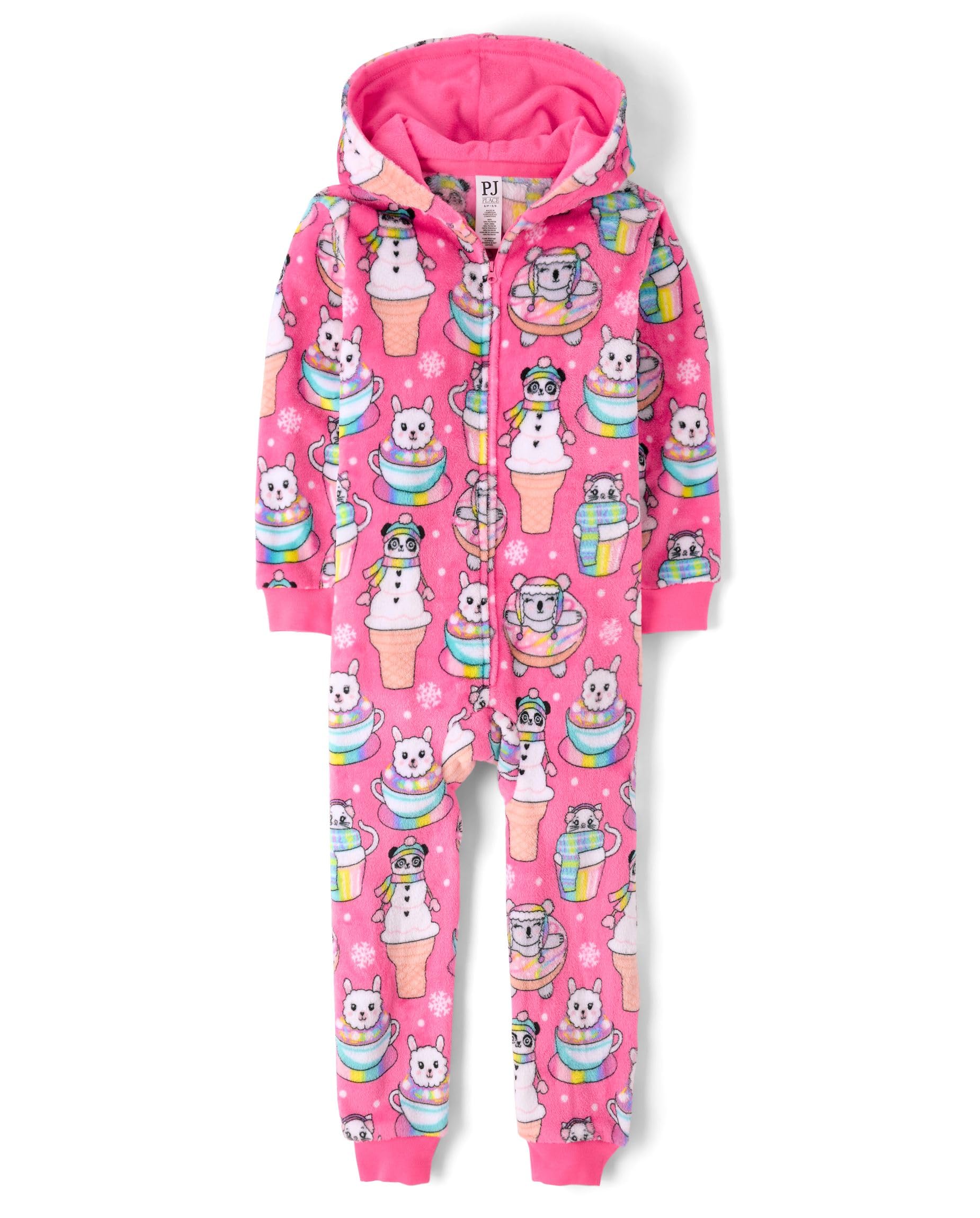The Children's Place,Girls,Long Sleeve Fleece Hooded Zip Front One Piece Pajamas,Neon Peony Food,X-Large Image