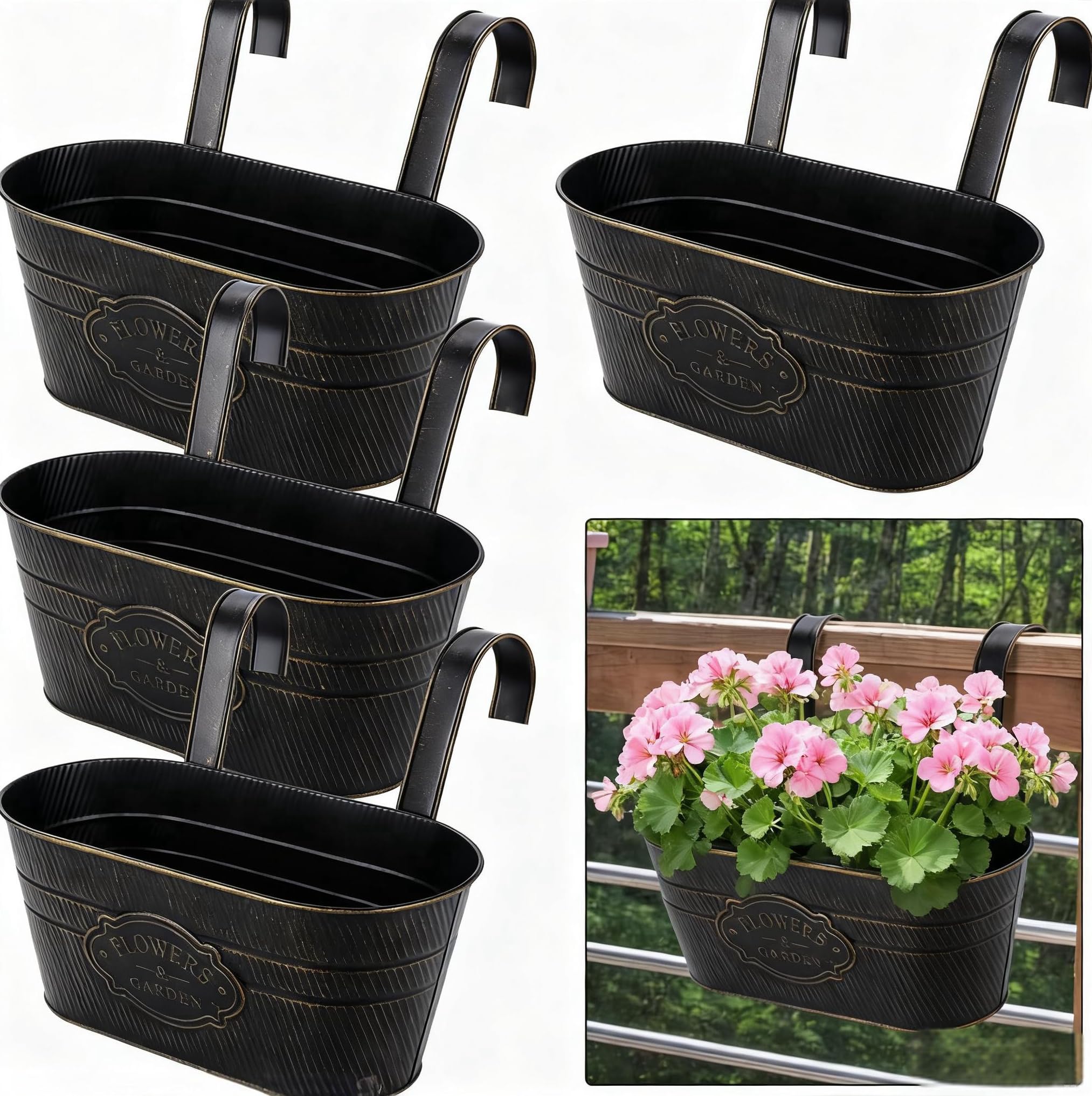 eROOSY 4PCS Metal Hanging Flower Pots with Detachable Hook, Balcony Flower Bucket Wall Planter Garden Planters, Metal Hanging Flower Pots With Drainage Hole for Balcony Fence Home Decor