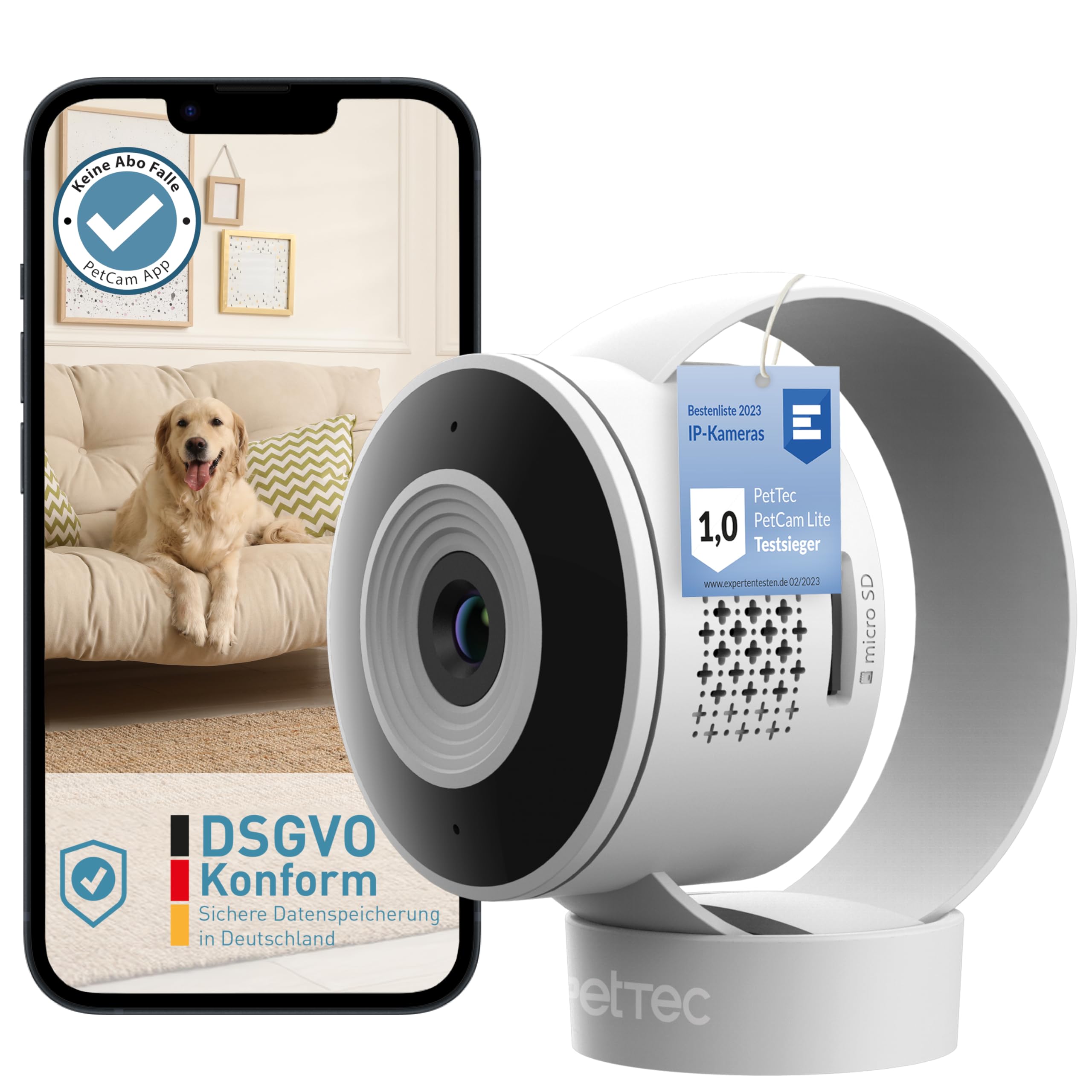 PetTec Cam Lite - Pet Camera with App, Motion Sensor, Speaker, Mic, Night Vision, Full HD WiFi Camera for Home Security for Dogs, Cats - For Bedroom, Living Room, Nursery