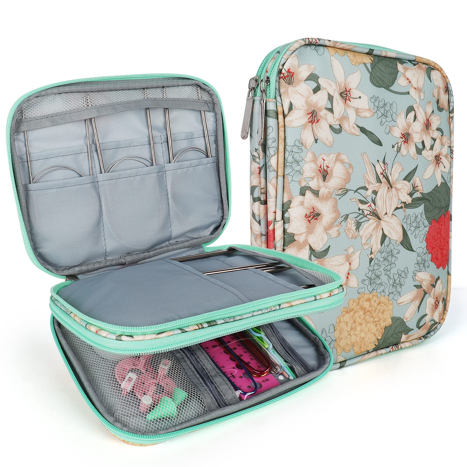 Coopay Circular Knitting Needle Case, Crochet Hooks Holder, Zippered Storage Bag for Cable Round Double Single Pointed Knitting Needles, Crochet Hook Case Empty, Flowers