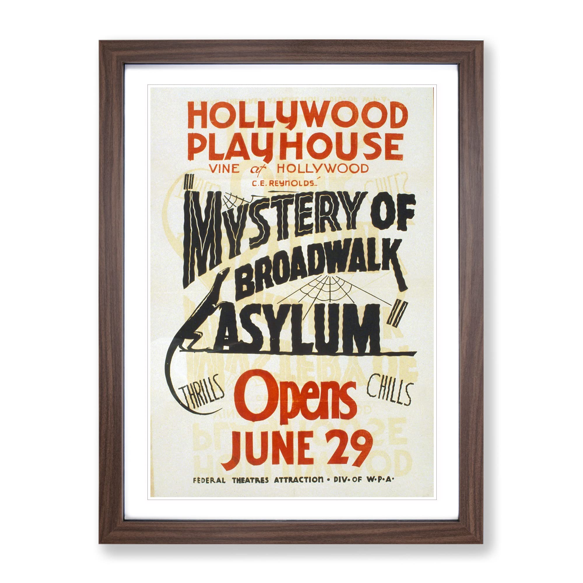 Wpa Mystery Of Broadwalk Theatre Poster Vintage Framed Wall Art Print, Ready to Hang Picture for Living Room Bedroom Home Office Décor, Walnut A4 (34 x 25 cm)