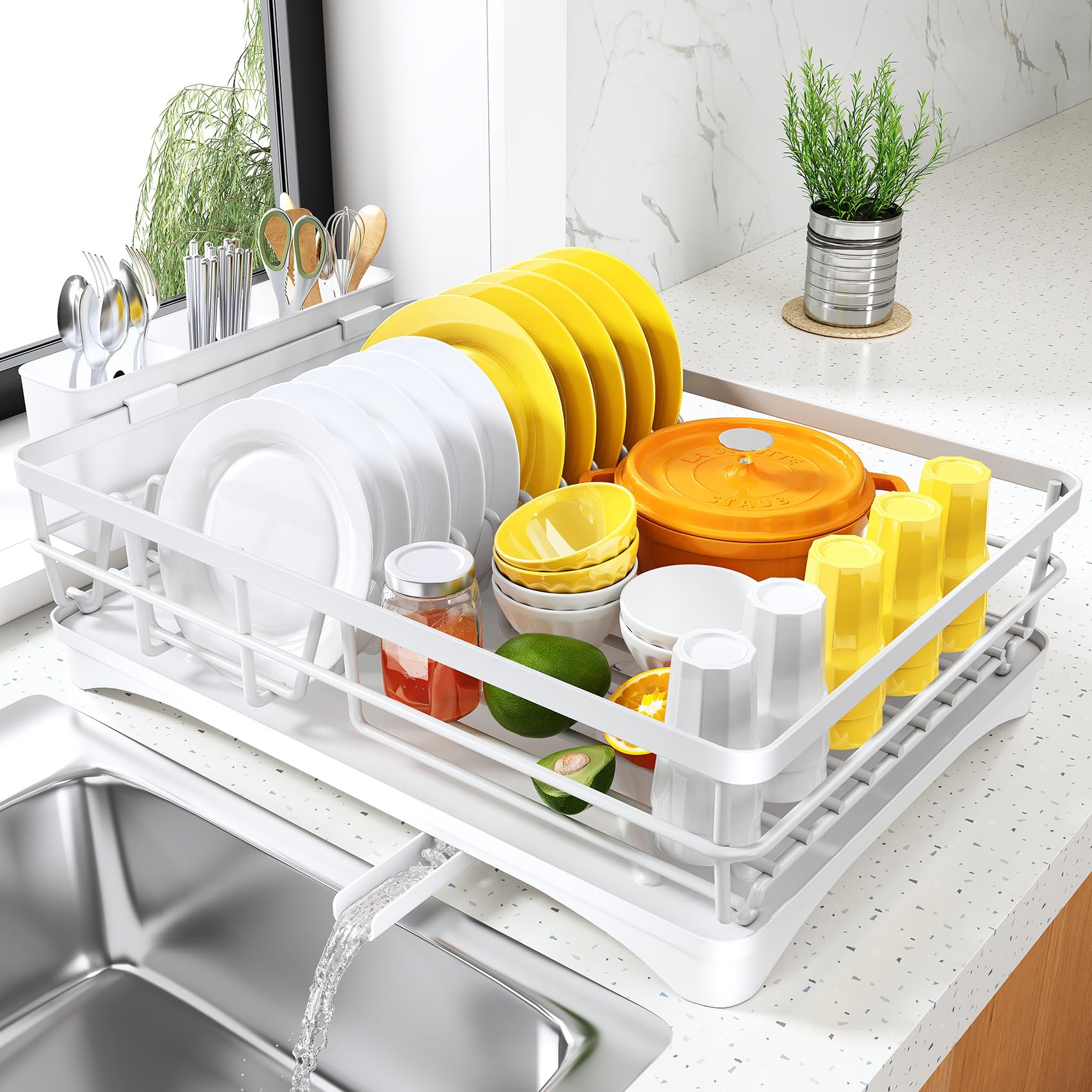 Photo 1 of Dish Drying Rack for Kitchen Counter - Large Dish Rack with Drainboard, Rustproof Dish Drainer with Utensil Holder for Sink, White