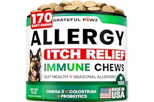 GRATEFUL PAWZ Dog Allergy Relief Chews - Dog Itching Skin Relief Treatment - 170 Chews - Anti-Itch, Hot Spots, Paw Licking - Immune Health - Omega 3 Fish Oil - Dry Itchy Skin and Coat Supplement - Made in USA