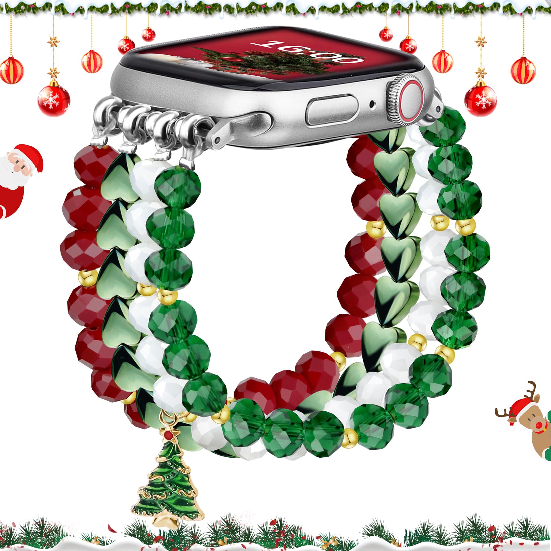 JR.DM Christmas Beaded Bracelet Band Women Compatible with Apple Watch 42mm(S3/2/1) 44/45/46/49mm Stretch Dressy Fancy Holiday Replacement Strap for iWatch Series 11/10/9/8/7/6/5/4/3/2/1/SE/Ultra