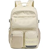 El-fmly Big Student Backpack for Teen Girls Boys, Water Resistant Multi Pockets Daypack with 15.6 Inch Laptop pocket for Travel School College (Beige)