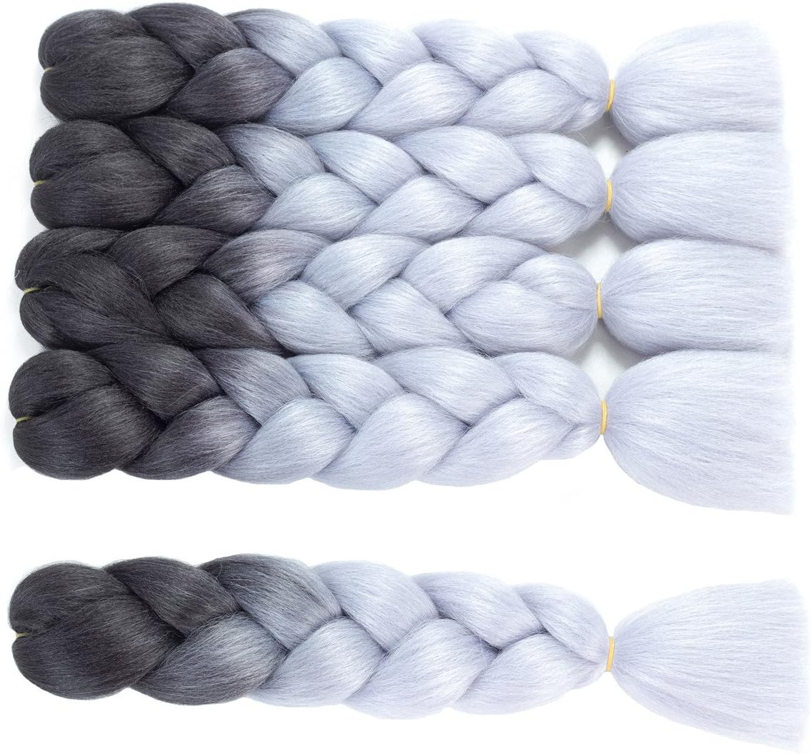 Callia Braiding Hair 5 Packs Ombre Jumbo Braids Kanekalon Hair For Twist Braiding Hair Crochet Hair Dreadlocs Boxbraids (24inch, Black-Silver Grey))