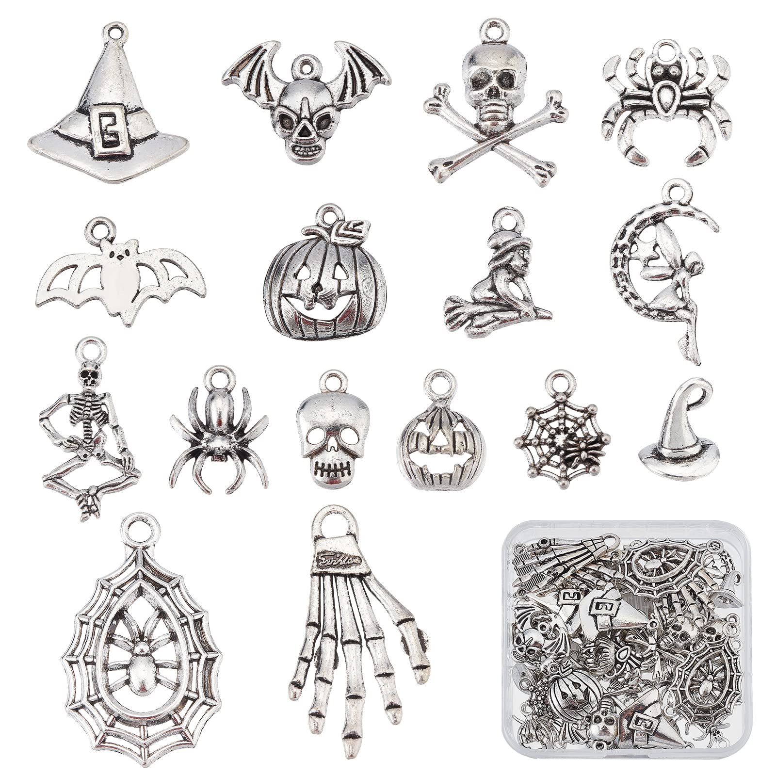SUNNYCLUE 1 Box 64Pcs 16 Style Halloween Charms Bulk Tibetan Style Alloy Skull Charms Spider for Jewelry Making Spider Web Skeleton Flying Wizard Witch Bat Jack-O'-Lantern Earring DIY Supplies — image 1