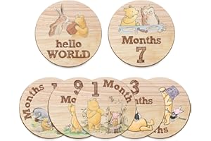 Hatzelou 7Pcs Baby Monthly Milestone Circles, Winnie Baby Stuff, Double-Sided Printing Months Baby Milestone Wooden Keepsake, Milestone Wooden Circles Stuff for for Documenting Growth