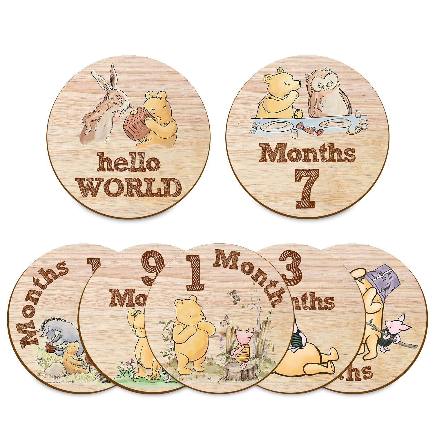 Photo 1 of Hatzelou 7Pcs Baby Monthly Milestone Circles, Winnie Baby Stuff, Double-Sided Printing Months Baby Milestone Wooden Keepsake, Milestone Wooden Circles Stuff for for Documenting Growth
