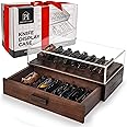 Pocket Knife Display Case for 16 Knives - Wooden Knife Collection Case Clear Cover - Two-Tier Knife Cases for Collections with a Removable Drawer Insert for Other EDC Items, EDC Case - Brown
