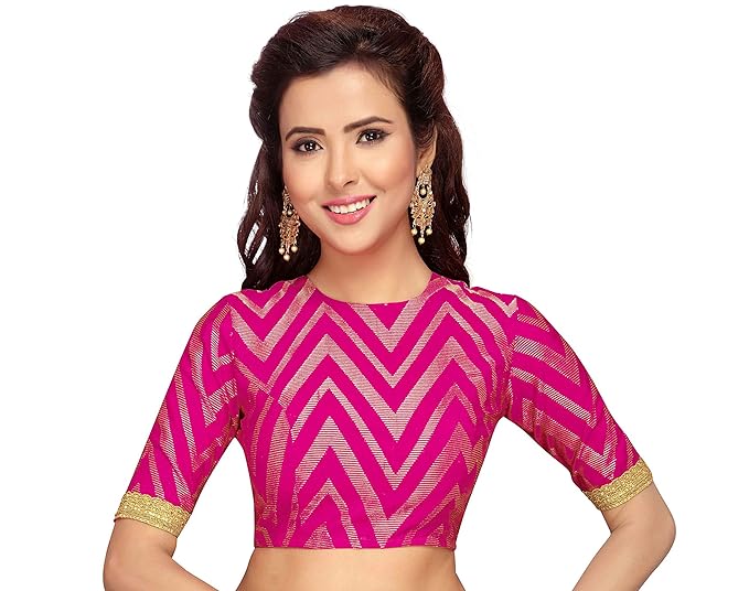 Hot Pink Benaras Brocade Readymade Saree Blouse With Elbow Length Sleeves