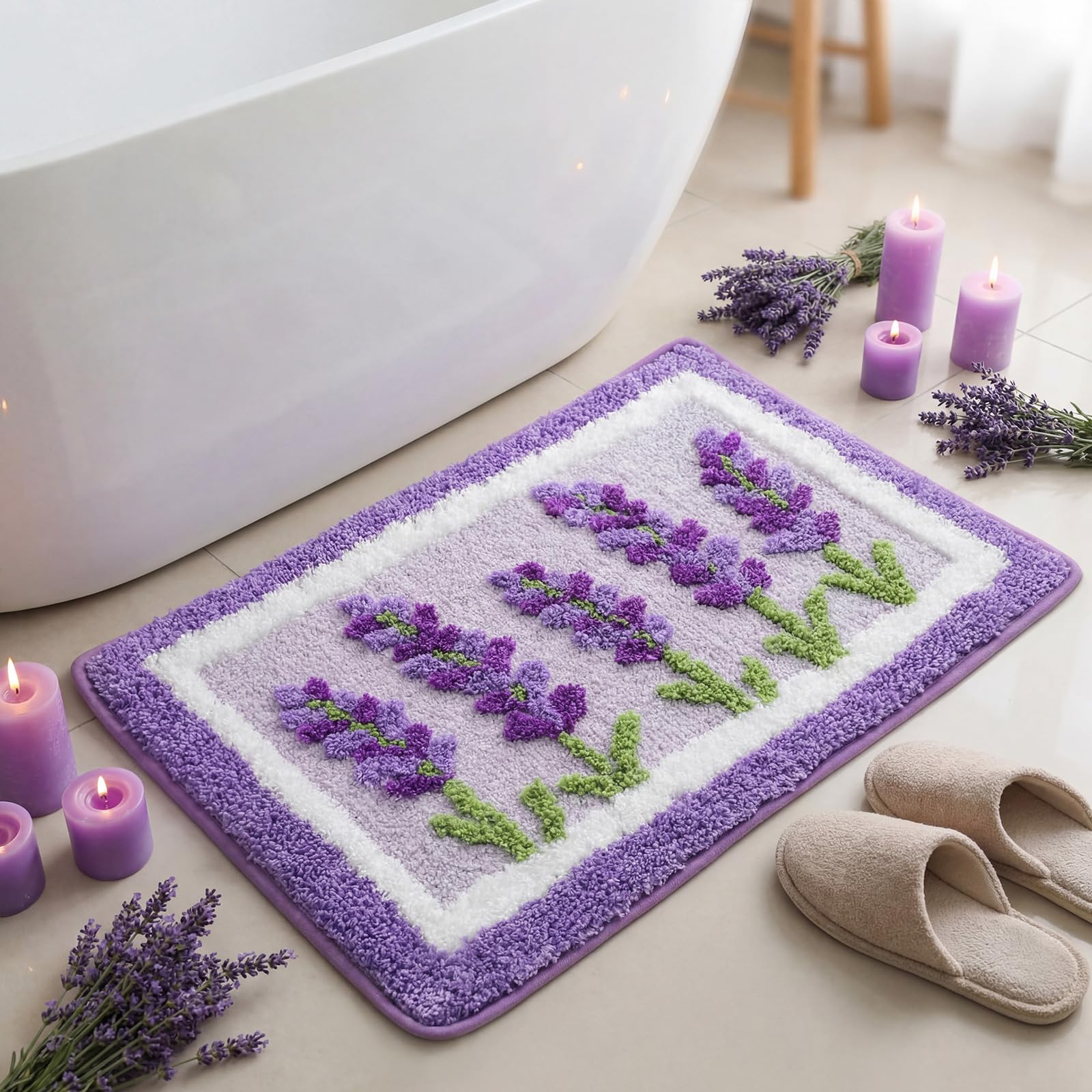 Photo 1 of *MINOR DAMAGE - USED*
Boao Lavender Purple Bath Mat Floral Tufted Bathroom Rug Lilac Spring Flowers Non Slip Soft Absorbent Lavender Bathroom Decor Accessories for Bedroom Kitchen Floor Tub Shower Sink, 24 x 18 Inches