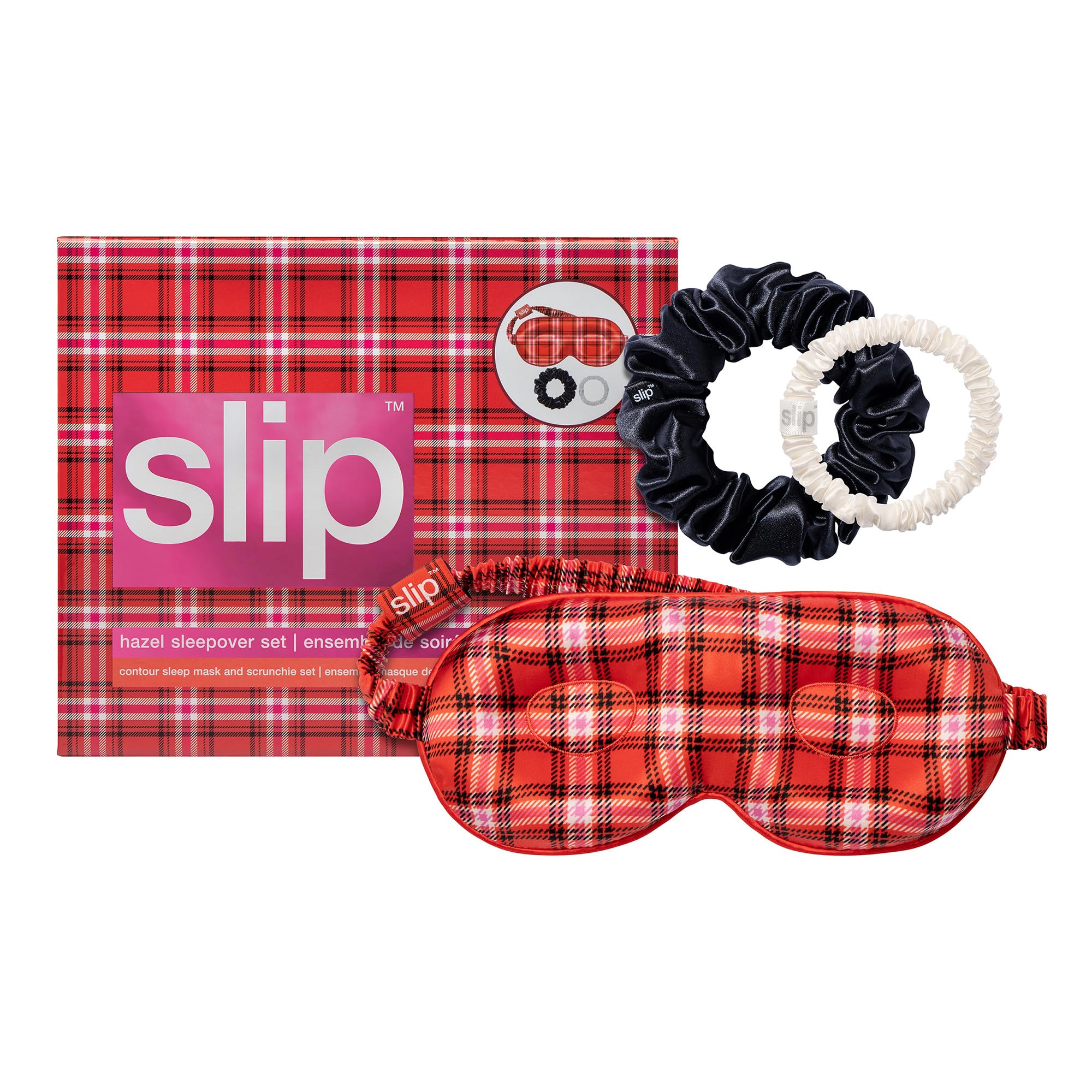 Slip Pure Silk Beauty Sleepover Set - Includes Hazel Contour Mask for Delicate Lashes - Black Large Scrunchie & White Skinny Scrunchie - Limited Edition