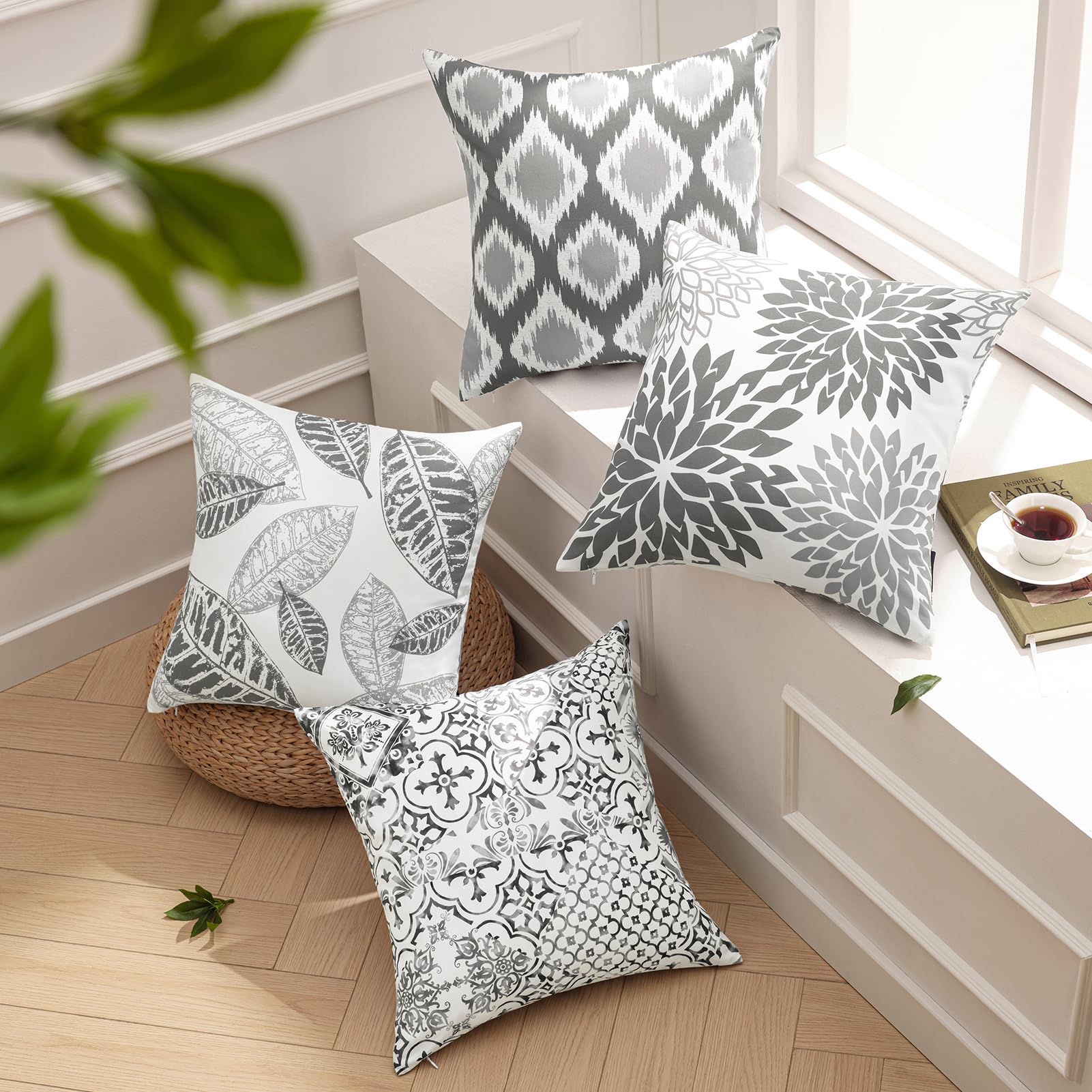 Photo 1 of Phantoscope Set of 4 New Living Series Grey Throw Decorative Pillow Cover Cushion Cover Geometric-Pattern 18 x 18 inches 45 x 45 cm
