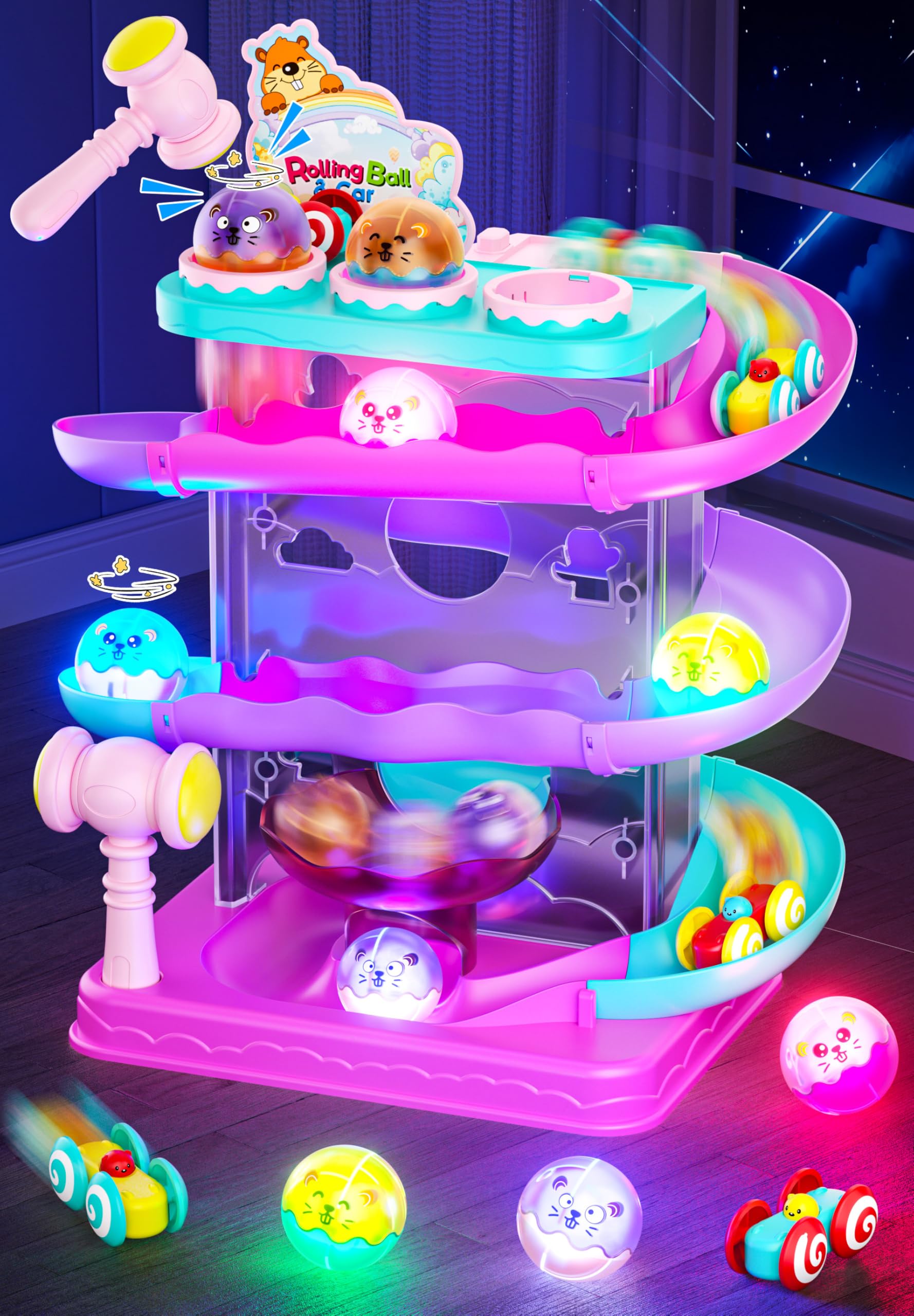 Photo 1 of 2-in-1 Rolling Ball & Car Ramp Race Track for Toddlers, Hammer Ball Drop Toy for Boys & Girls, Interactive Toys w/Sensor Lights - Montessori STEM Learning Toys - Brithday Gift for Kids 1-5+ Year Old