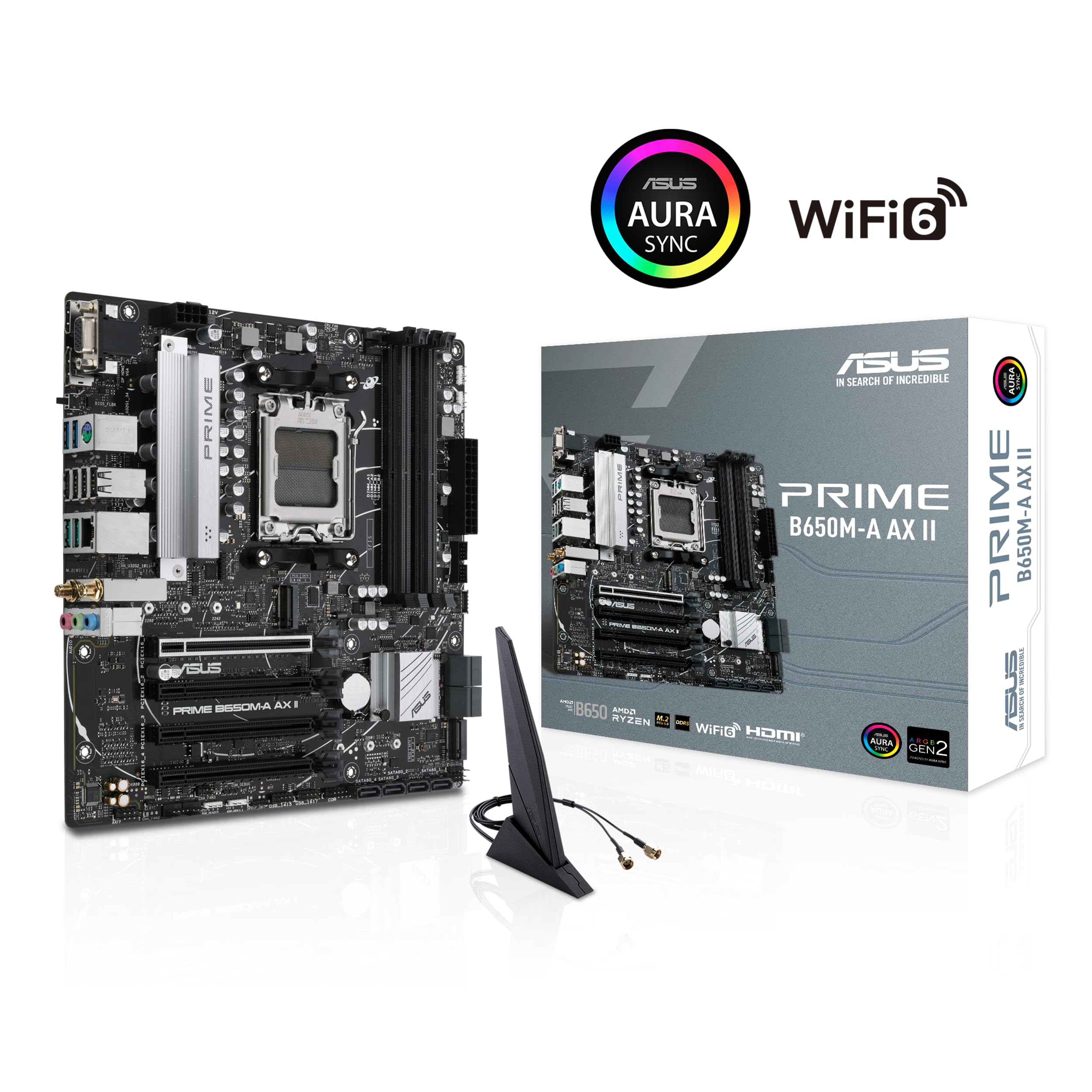 ASUS Prime B650M-A AX II AMD B650 AM5 Ryzen™ Desktop 9000 8000 & 7000 Micro-ATX mATX Motherboard, DDR5, PCIe 5.0 M.2, 2.5Gb LAN, Wi-Fi 6, DisplayPort, HDMI®, USB 3.2, USB 3.2 Type-C®, BIOS Flashback™