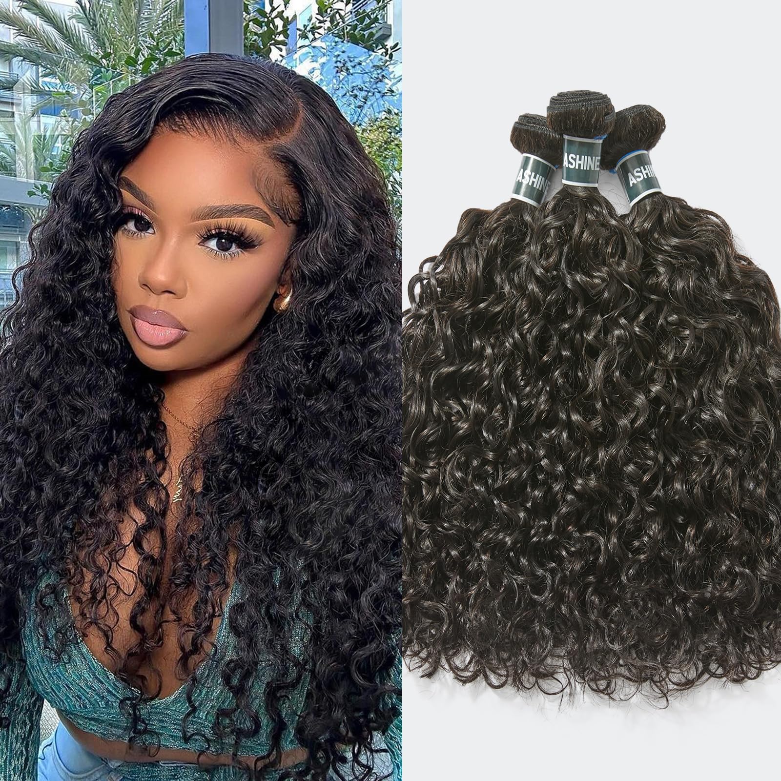 Photo 1 of ASHINE Human Hair Bundles Deep Curly Water Wave, Unprocessed Cambodian Raw Hair 20 22 24 Inch, Flip Over Quick Weave Wet and Wave Bundles for Women Natural Black
