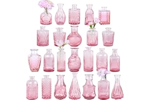 TBWIND Pink Glass Bud Vase Set of 24, Small Flower Vases for Centerpieces in Bulk, Mini Vintage Vase for Wedding Decor, and Home Table Décor