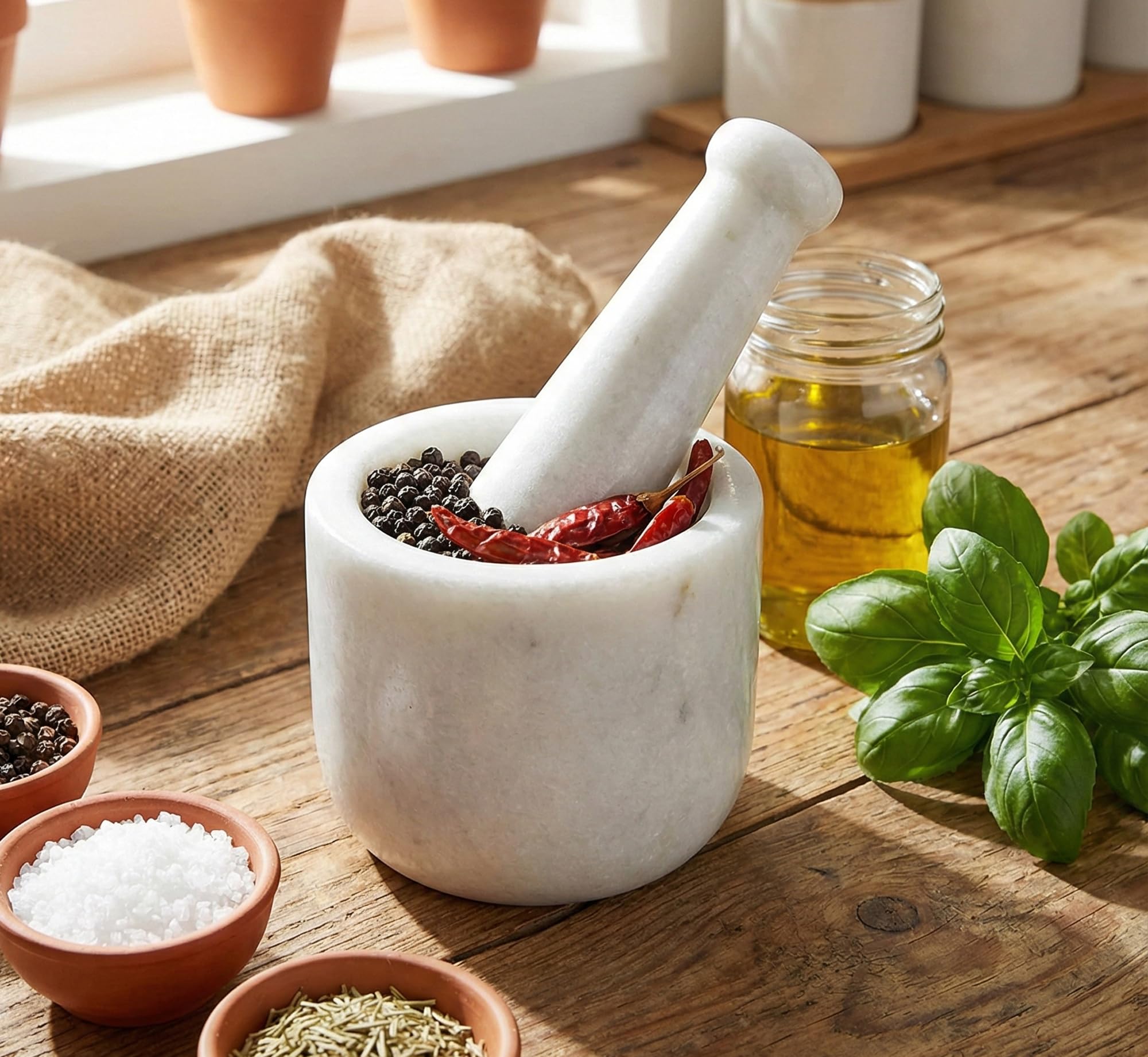 KLEO 4" Diameter Natural Stone Mortar and Pestle Set as Spice Grinder, Medicine Masher - Okhli And Musal (White Deep)