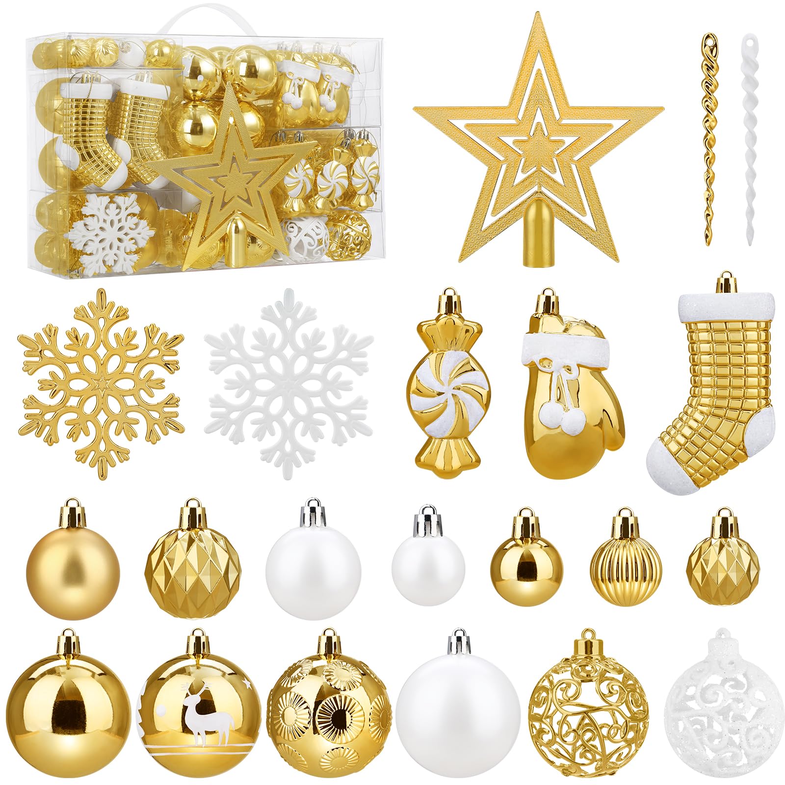 Photo 1 of 128 Pcs Christmas Ball Ornament Set, SOLEDI Assorted Christmas Ornaments, Shatterproof Decorative Baubles for Xmas Tree Decor, Gift Package with Reusable Hand for Christmas Decorations, Gold
