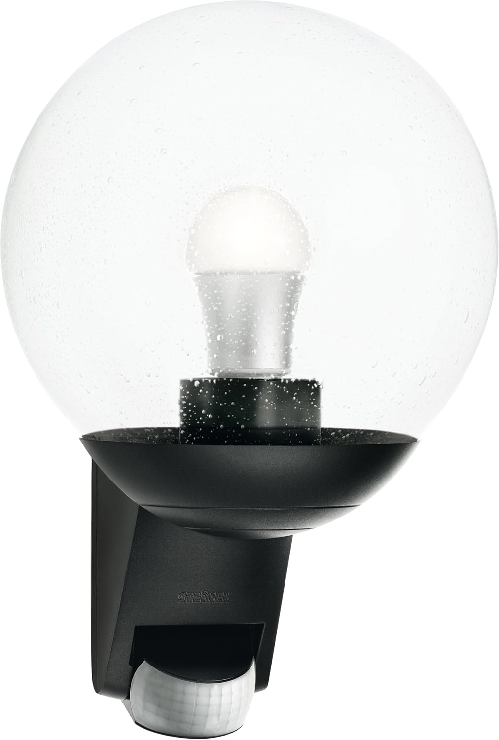 Steinel Außenwandleuchte L 585 schwarz, 180° Bewegungsmelder, Max. 12 m Reichweite, klassisch, mundgeblasenes Glas