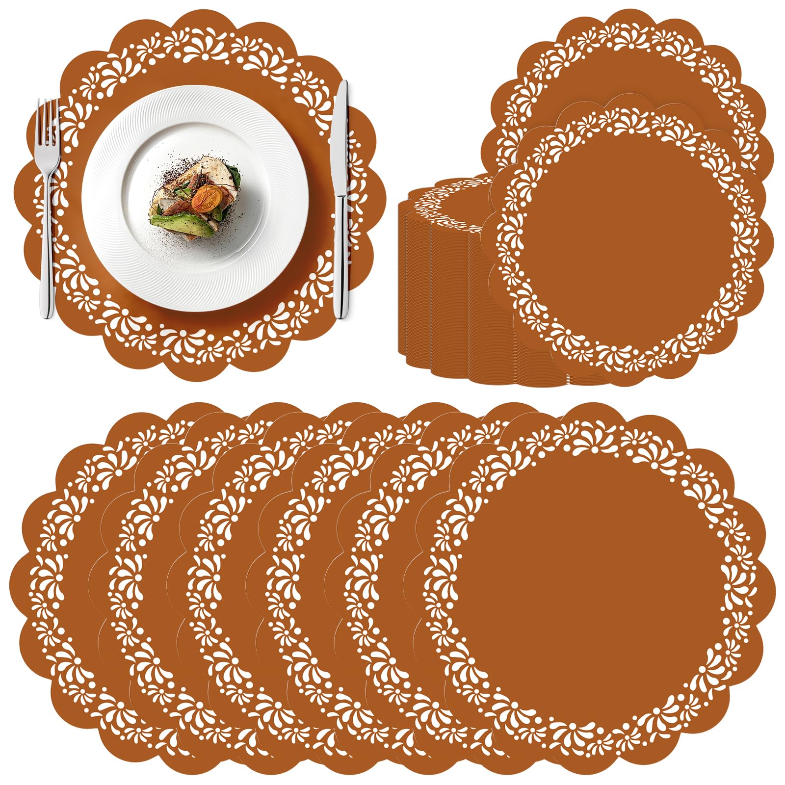 Photo 1 of 100 Pcs Platos De Barro Mexicanos Paper Placemats 13.5 Inches Cielito Lindo Party Decoration Disposable Scalloped Cinco De Mayo Paper Placemats for Fiesta Mexican Baby Shower Decor