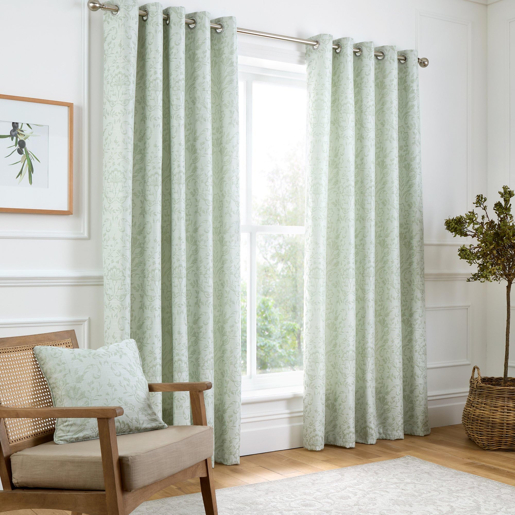 Curtina Sage Green Floral & Bird Woven Curtains, 66x54in (168 x 137cm), Vintage Eyelet, Jacquard Thermal Drapes for Living Room/Bedroom