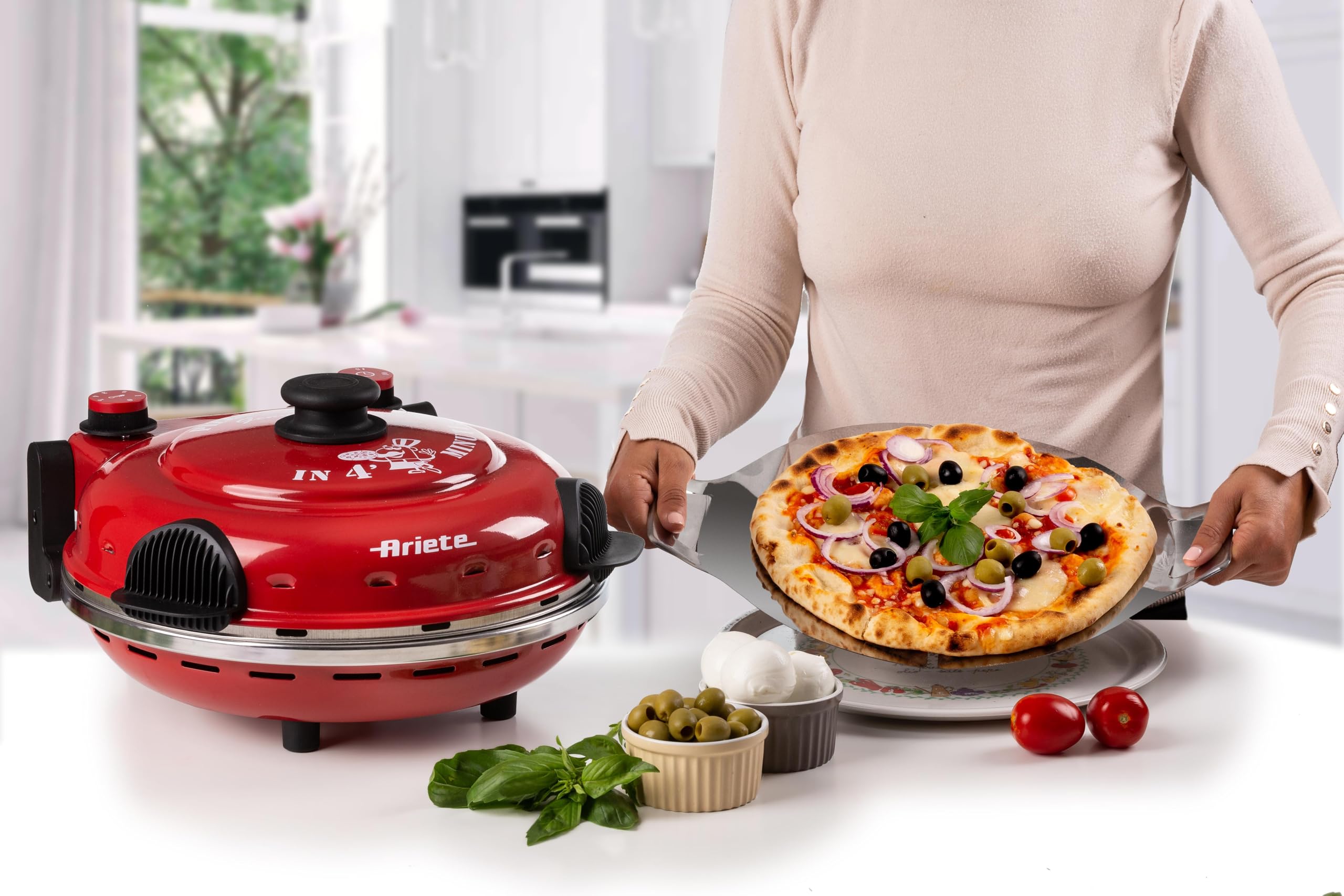 Ariete Pizzaofen 919, 4-Minuten-Pizza, Pizzaofen mit 5 Garstufen, Feuerfeste Platte zum Wiederaufwärmen, Holzbrettchen im Lieferumfang Enthalten, Max. Temperatur 400°C, 1200W, Rot 7