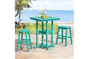 Homenjoy 3-Pieces Patio Table and Chairs Set, HDPE Outdoor Bar Stools Set of 2 and High Top Bar Table, Patio Bar Set for Balcony, Backyard, Turquoise