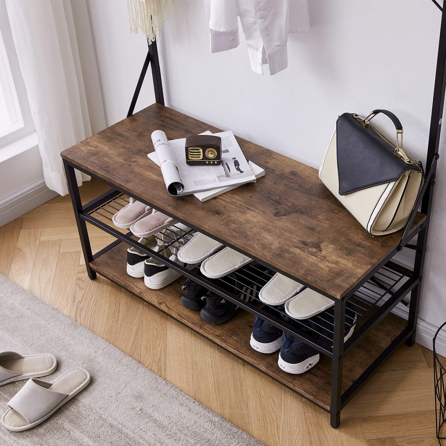 3-in-1 Entryway Coat Rack,Vintage Industrial Hall Tree 72 Inch with Storage Bench and Coat Racks Entryway Storage Shelf Organizer with 9 Hooks， Large Size, Wood Look Accent Furniture with Metal Frame: Home & Kitchen