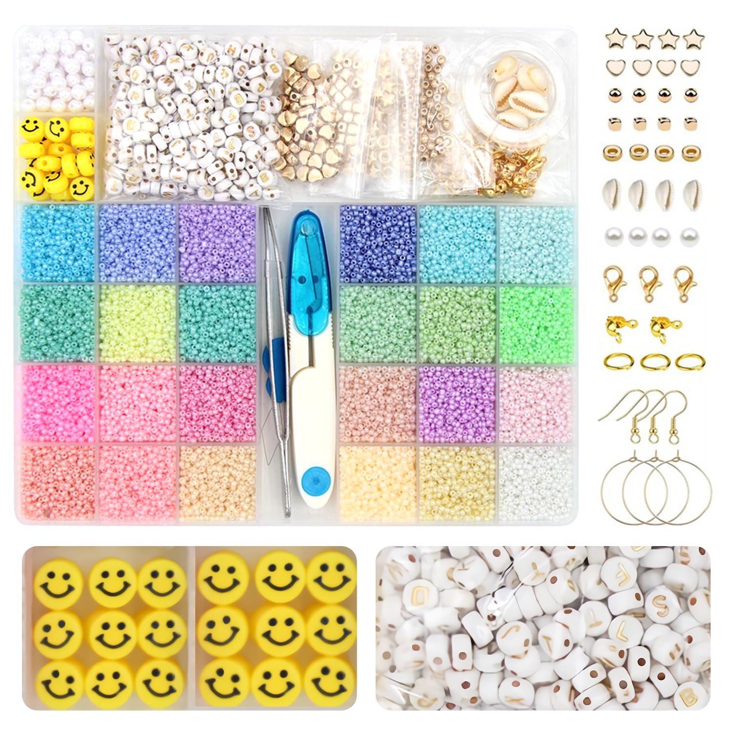 Beads for Bracelets - 3 mm 12000+ Pieces Bead Kit Set, Glass Beads with Smiley Faces and AZ Alphabet Beads for Making DIY Bracelet Jewellery Adults for Christmas, Birthdays, Parties etc.