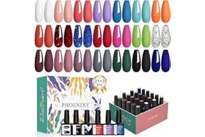 PHOENIXY 24 PCS Gel Nail Polish Set, Gel Nail Polish Kit with Base Glossy Matte Top Coat Brown Black Gray Red Nail Polish Set Starter Kit Nail Kit Gifts for Women